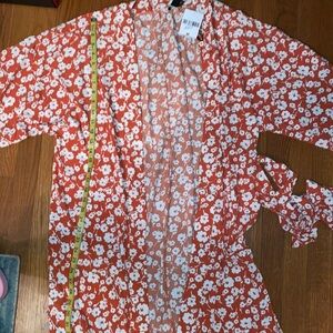 Forever 21 45inch orange robe kimono floral with tie with 2 side slits